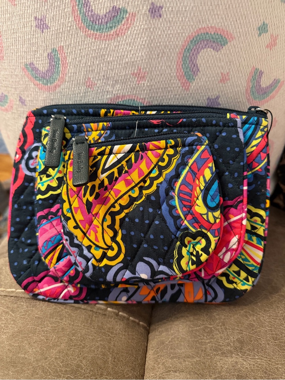 Vera Bradley Quilted Paisley Cosmetic Pouch in Navy with Bright Multicolor Print